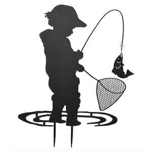 Boy Silhouettes Fishing Garden Sculpture Metal Garden Stake Yard Art